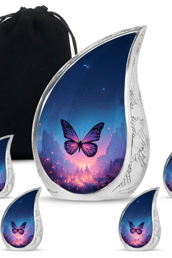 Indigo Butterfly Cremation Urn side profile showing urn shape - flowing teardrop butterfly silhouette on curved aluminum - memorial set with one large and four small urns