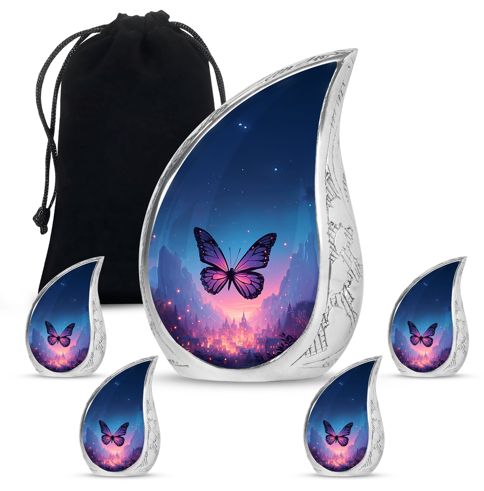 Indigo Butterfly Cremation Urn side profile showing urn shape - flowing teardrop butterfly silhouette on curved aluminum - memorial set with one large and four small urns