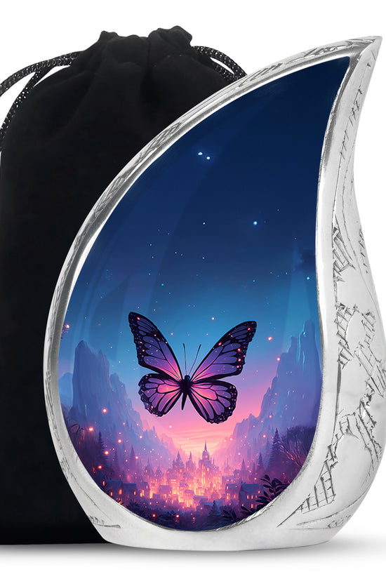Azure Butterfly Cremation Urn front view showing detailed design - rounded teardrop butterfly design with delicate detail - full-size 10 inch 200 cubic inch adult cremation urn