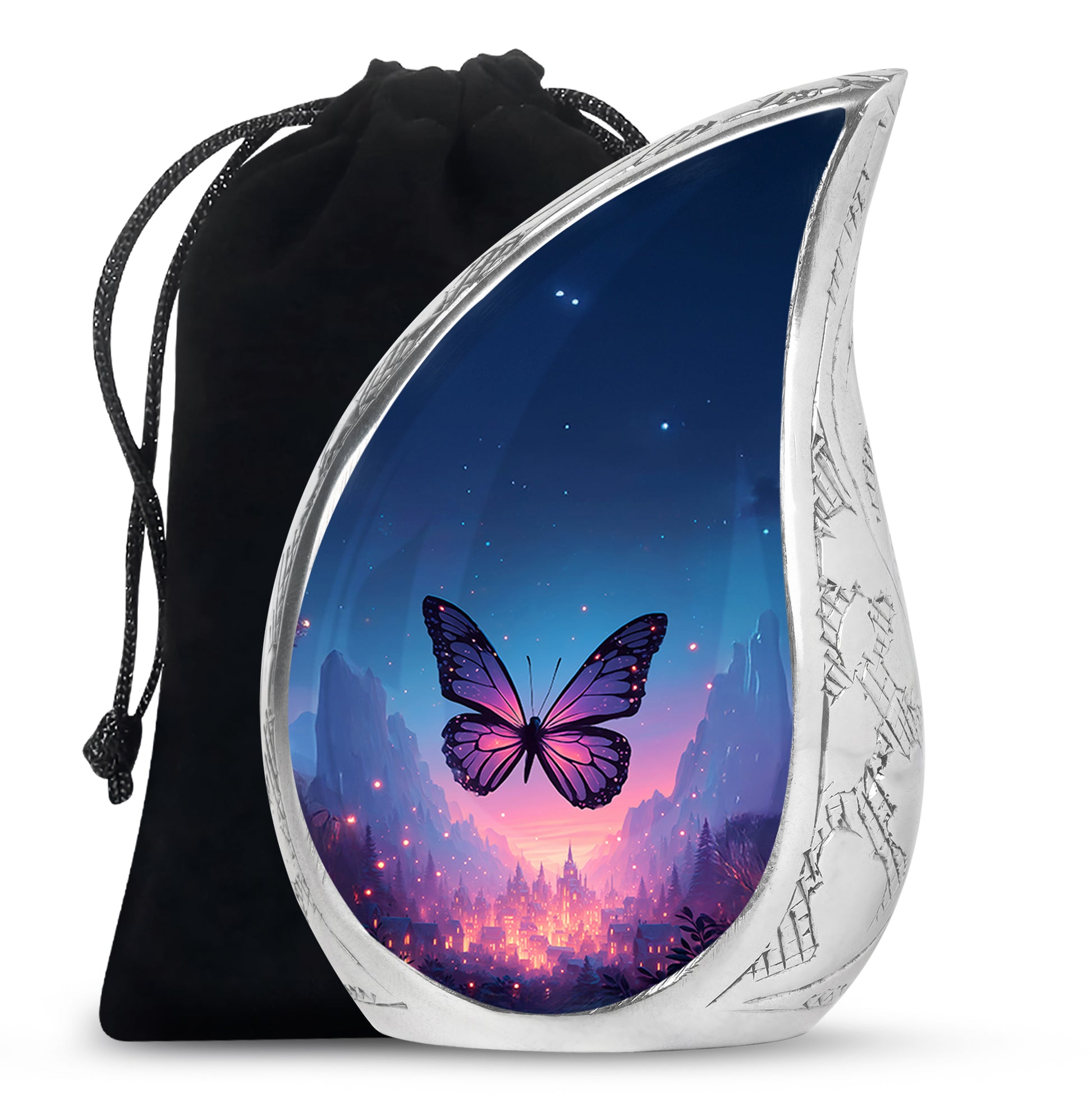 Azure Butterfly Cremation Urn front view showing detailed design - rounded teardrop butterfly design with delicate detail - full-size 10 inch 200 cubic inch adult cremation urn