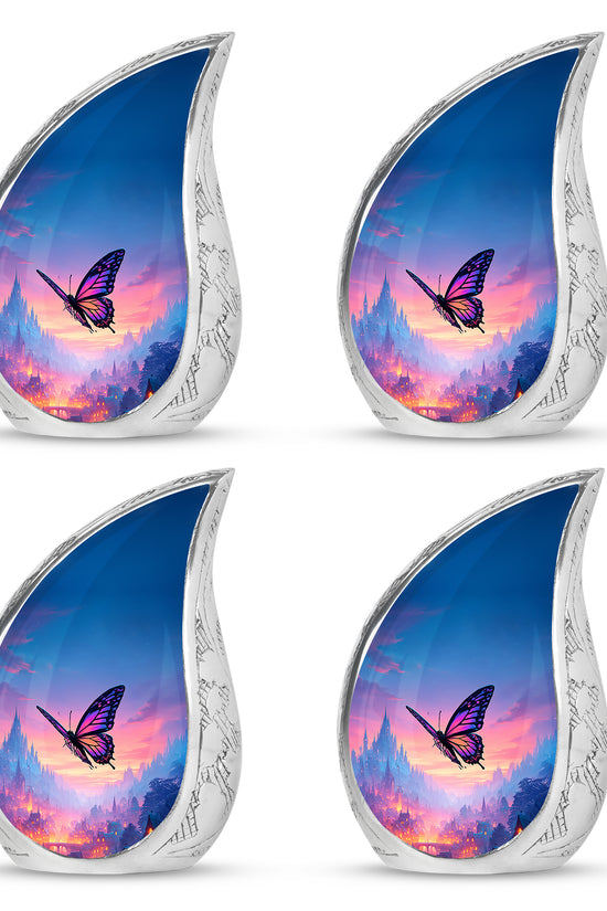 Azure Butterfly Cremation Urn close-up of engraving and surface detail - rounded teardrop butterfly design with delicate detail - 10 inch aluminum urn for cremated remains