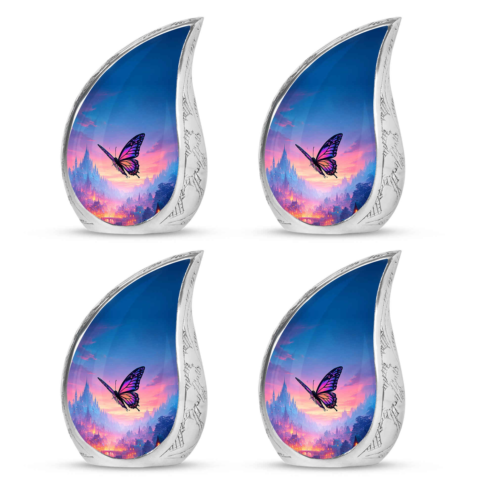 Azure Butterfly Cremation Urn close-up of engraving and surface detail - rounded teardrop butterfly design with delicate detail - 10 inch aluminum urn for cremated remains