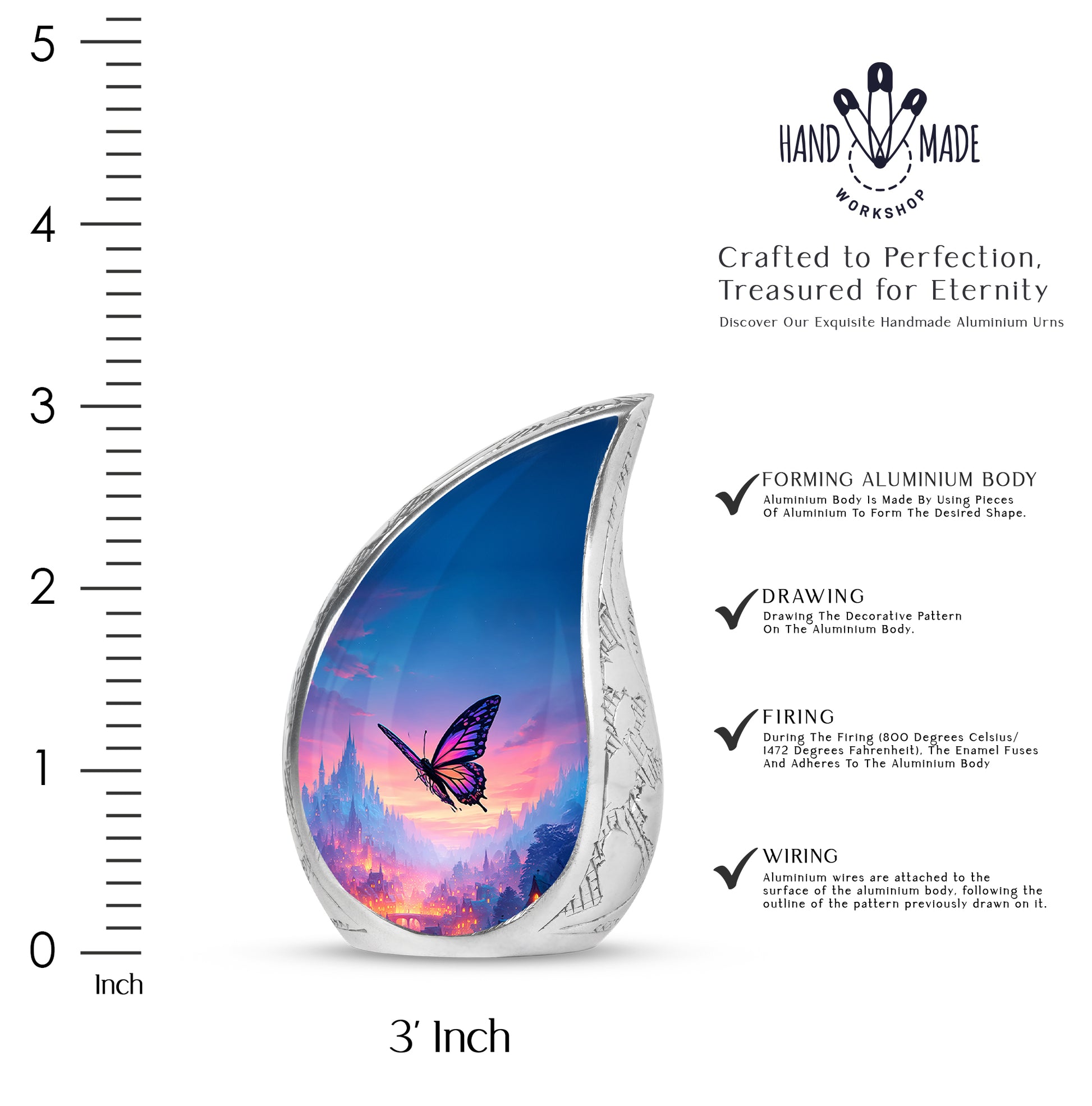 Azure Butterfly Cremation Urn angled view of lid and engraved motif - flowing teardrop butterfly silhouette on curved aluminum - mini keepsake memorial for portion of cremation ashes