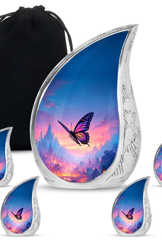 Bright Blue Butterfly Cremation Urn side profile showing urn shape - smooth teardrop contour featuring butterfly art - memorial set with one large and four small urns