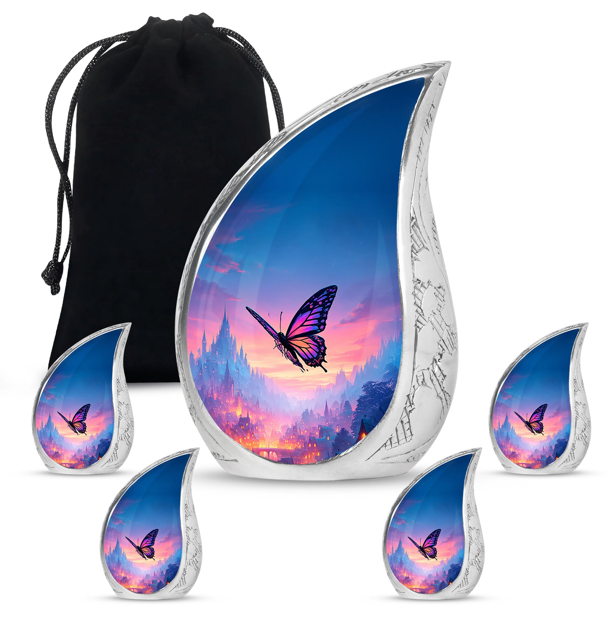 Bright Blue Butterfly Cremation Urn side profile showing urn shape - smooth teardrop contour featuring butterfly art - memorial set with one large and four small urns