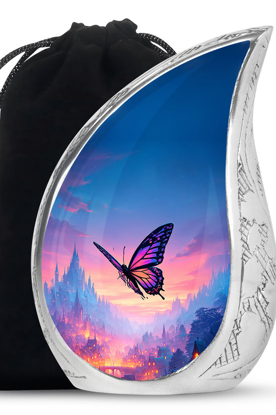 Celestial Blue Butterfly Cremation Urn front view showing detailed design - flowing teardrop butterfly silhouette on curved aluminum - full-size 10 inch 200 cubic inch adult cremation urn