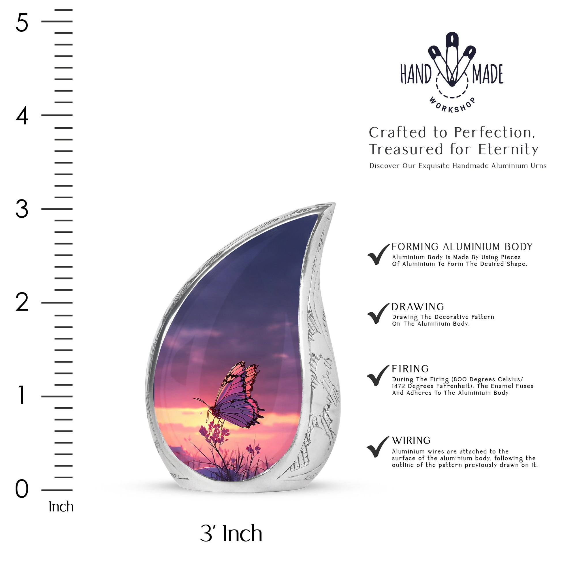 Soft Blue Butterfly Cremation Urn angled view of lid and engraved motif - smooth teardrop contour featuring butterfly art - mini keepsake memorial for portion of cremation ashes