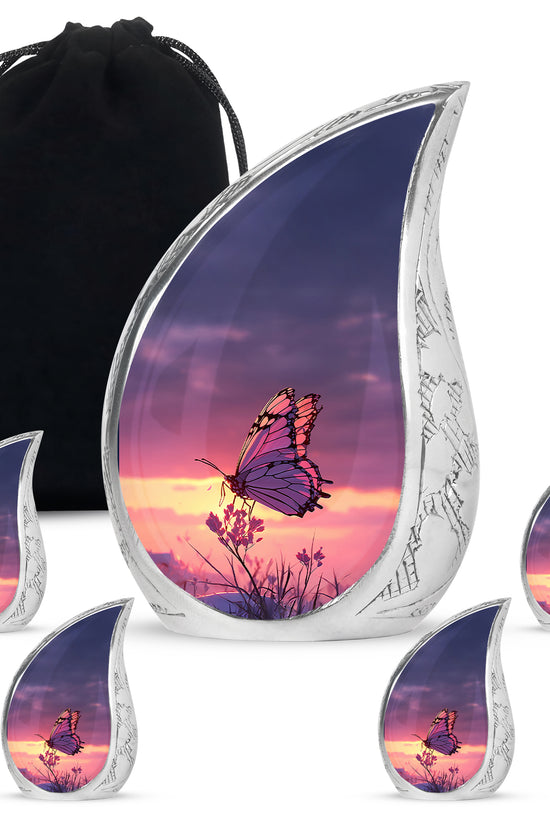 Soft Blue Butterfly Cremation Urn side profile showing urn shape - smooth teardrop contour featuring butterfly art - memorial set with one large and four small urns