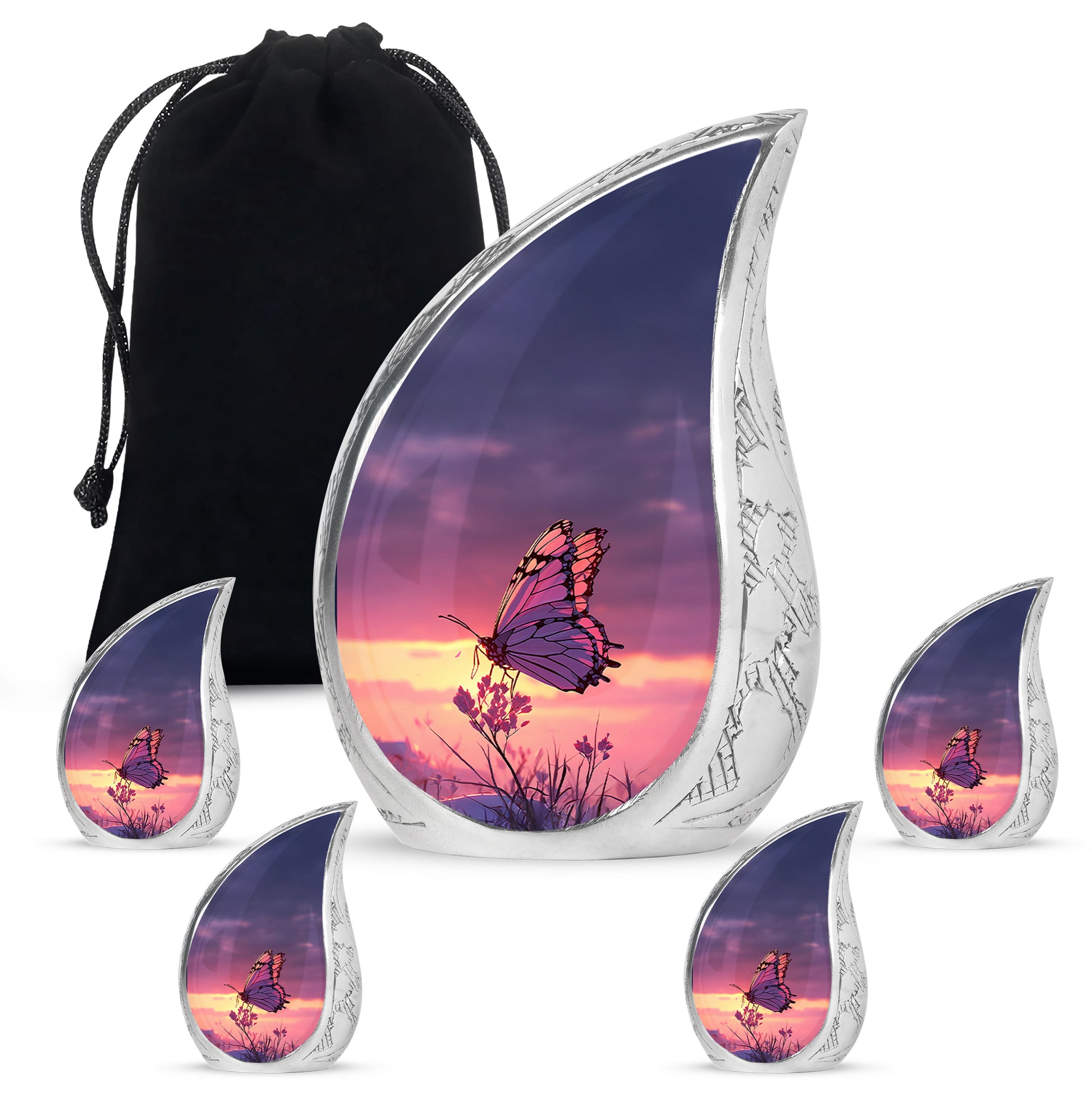 Soft Blue Butterfly Cremation Urn side profile showing urn shape - smooth teardrop contour featuring butterfly art - memorial set with one large and four small urns
