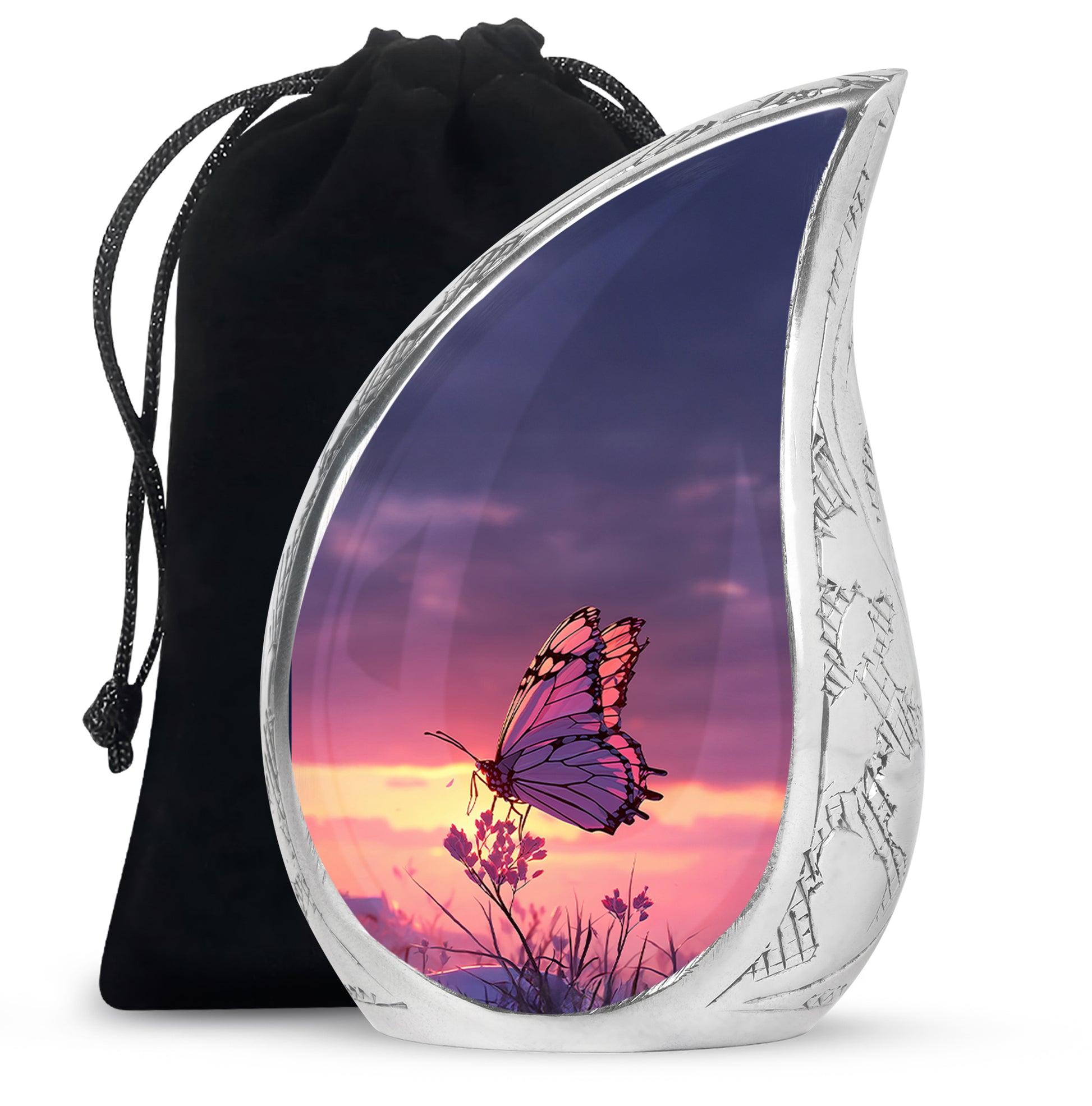 Pastel Blue Butterfly Cremation Urn front view showing detailed design - flowing teardrop butterfly silhouette on curved aluminum - full-size 10 inch 200 cubic inch adult cremation urn