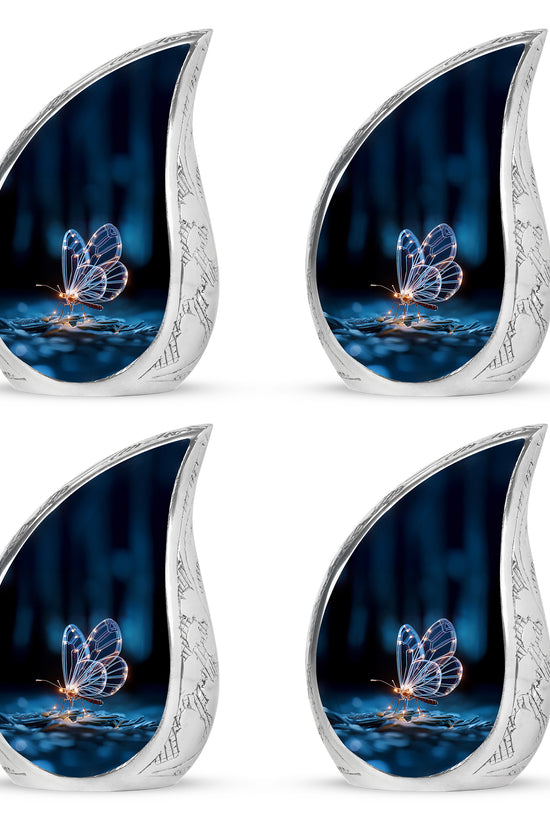 Obsidian Black Butterfly Cremation Urn close-up of engraving and surface detail - smooth teardrop contour featuring butterfly art - 10 inch aluminum urn for cremated remains