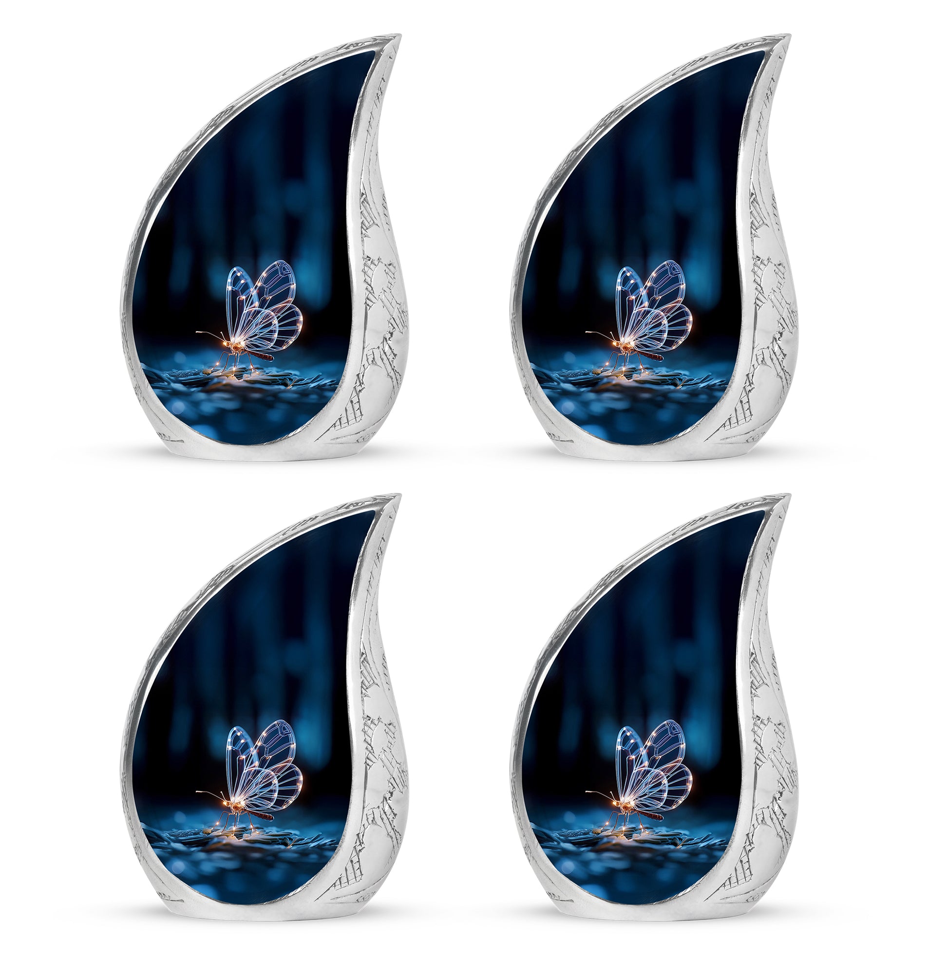Obsidian Black Butterfly Cremation Urn close-up of engraving and surface detail - smooth teardrop contour featuring butterfly art - 10 inch aluminum urn for cremated remains