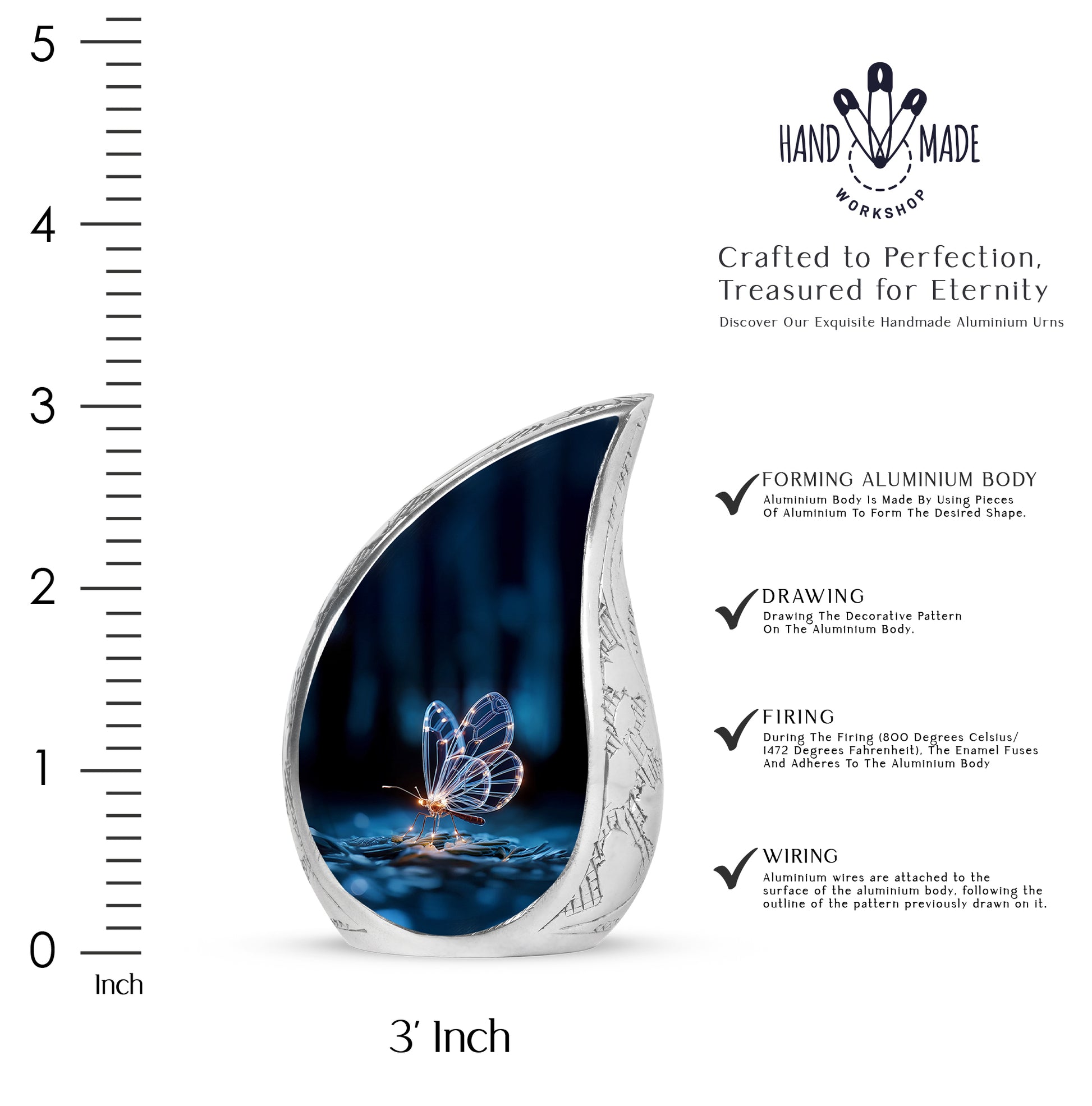 Deep Black Butterfly Cremation Urn angled view of lid and engraved motif - flowing teardrop butterfly silhouette on curved aluminum - mini keepsake memorial for portion of cremation ashes