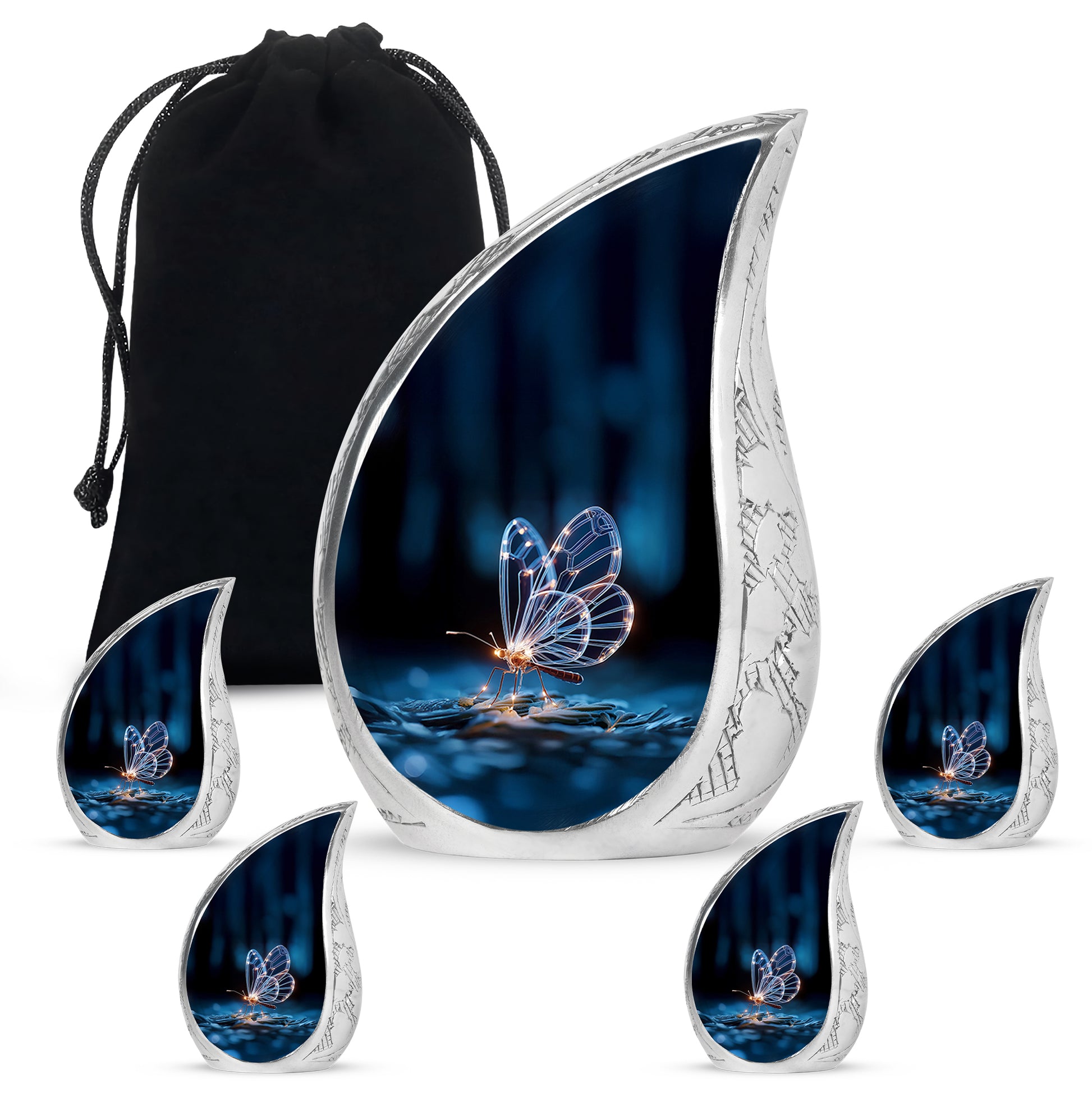 Deep Black Butterfly Cremation Urn side profile showing urn shape - rounded teardrop butterfly design with delicate detail - memorial set with one large and four small urns