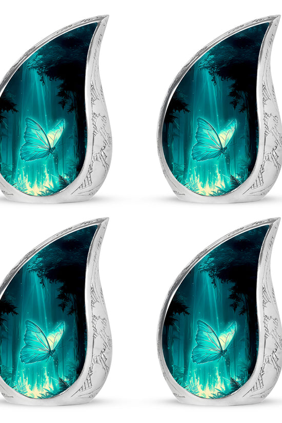 Aqua Teal Butterfly Cremation Urn close-up of engraving and surface detail - graceful tear-shaped urn with butterfly motif - 10 inch aluminum urn for cremated remains