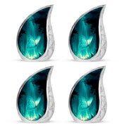 Aqua Teal Butterfly Cremation Urn close-up of engraving and surface detail - graceful tear-shaped urn with butterfly motif - 10 inch aluminum urn for cremated remains