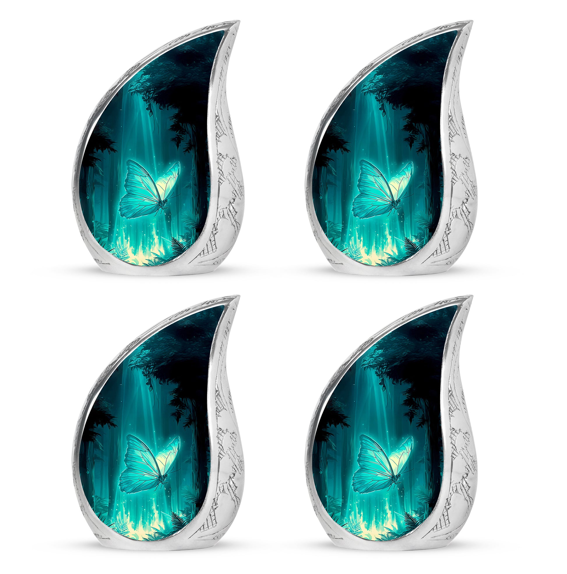 Aqua Teal Butterfly Cremation Urn close-up of engraving and surface detail - graceful tear-shaped urn with butterfly motif - 10 inch aluminum urn for cremated remains