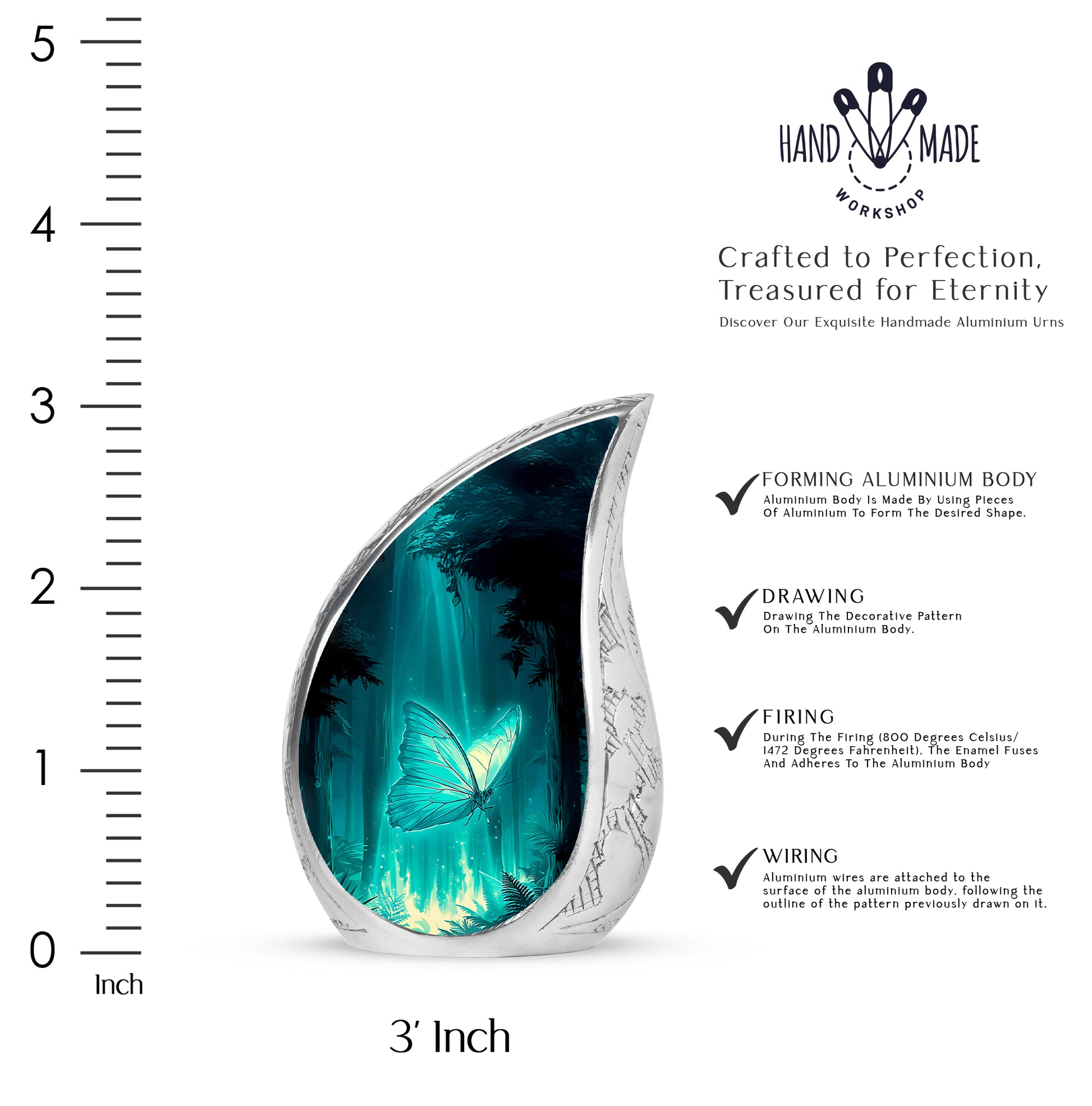 Mystic Teal Butterfly Cremation Urn angled view of lid and engraved motif - graceful tear-shaped urn with butterfly motif - mini keepsake memorial for portion of cremation ashes