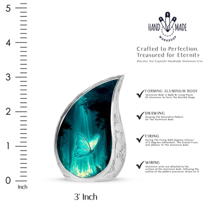 Mystic Teal Butterfly Cremation Urn angled view of lid and engraved motif - graceful tear-shaped urn with butterfly motif - mini keepsake memorial for portion of cremation ashes