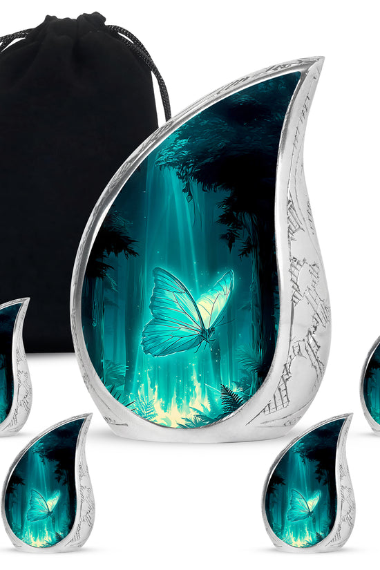 Soft Teal Butterfly Cremation Urn side profile showing urn shape - flowing teardrop butterfly silhouette on curved aluminum - memorial set with one large and four small urns
