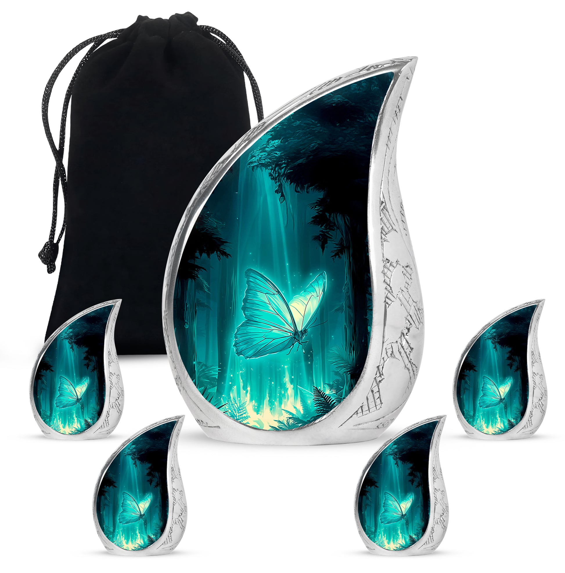 Soft Teal Butterfly Cremation Urn side profile showing urn shape - flowing teardrop butterfly silhouette on curved aluminum - memorial set with one large and four small urns