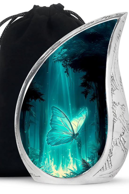 Sea Green Teal Butterfly Cremation Urn front view showing detailed design - flowing teardrop butterfly silhouette on curved aluminum - full-size 10 inch 200 cubic inch adult cremation urn