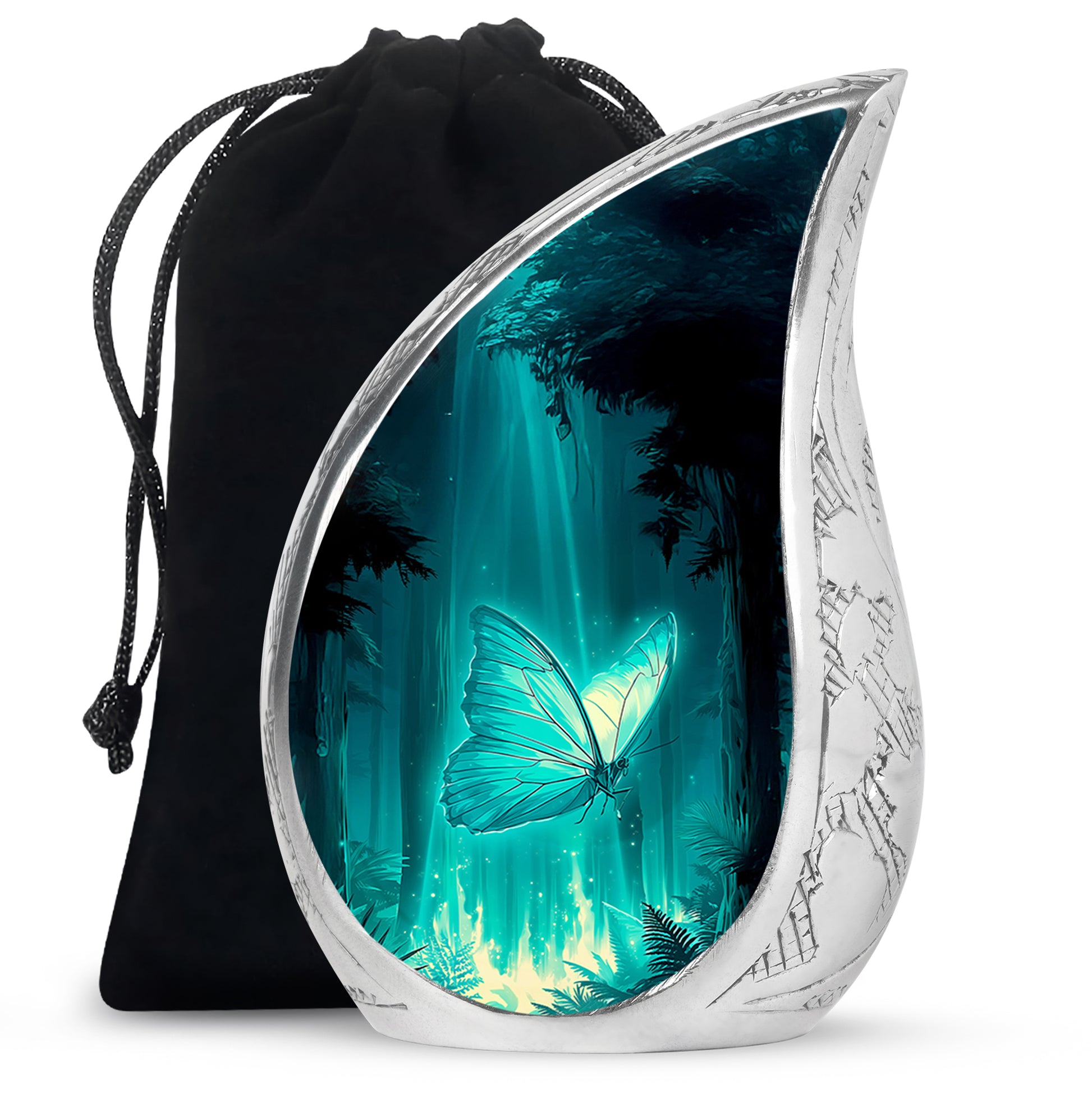 Sea Green Teal Butterfly Cremation Urn front view showing detailed design - flowing teardrop butterfly silhouette on curved aluminum - full-size 10 inch 200 cubic inch adult cremation urn