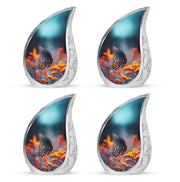 Calming Blue Butterfly Cremation Urn close-up of engraving and surface detail - smooth teardrop contour featuring butterfly art - 10 inch aluminum urn for cremated remains