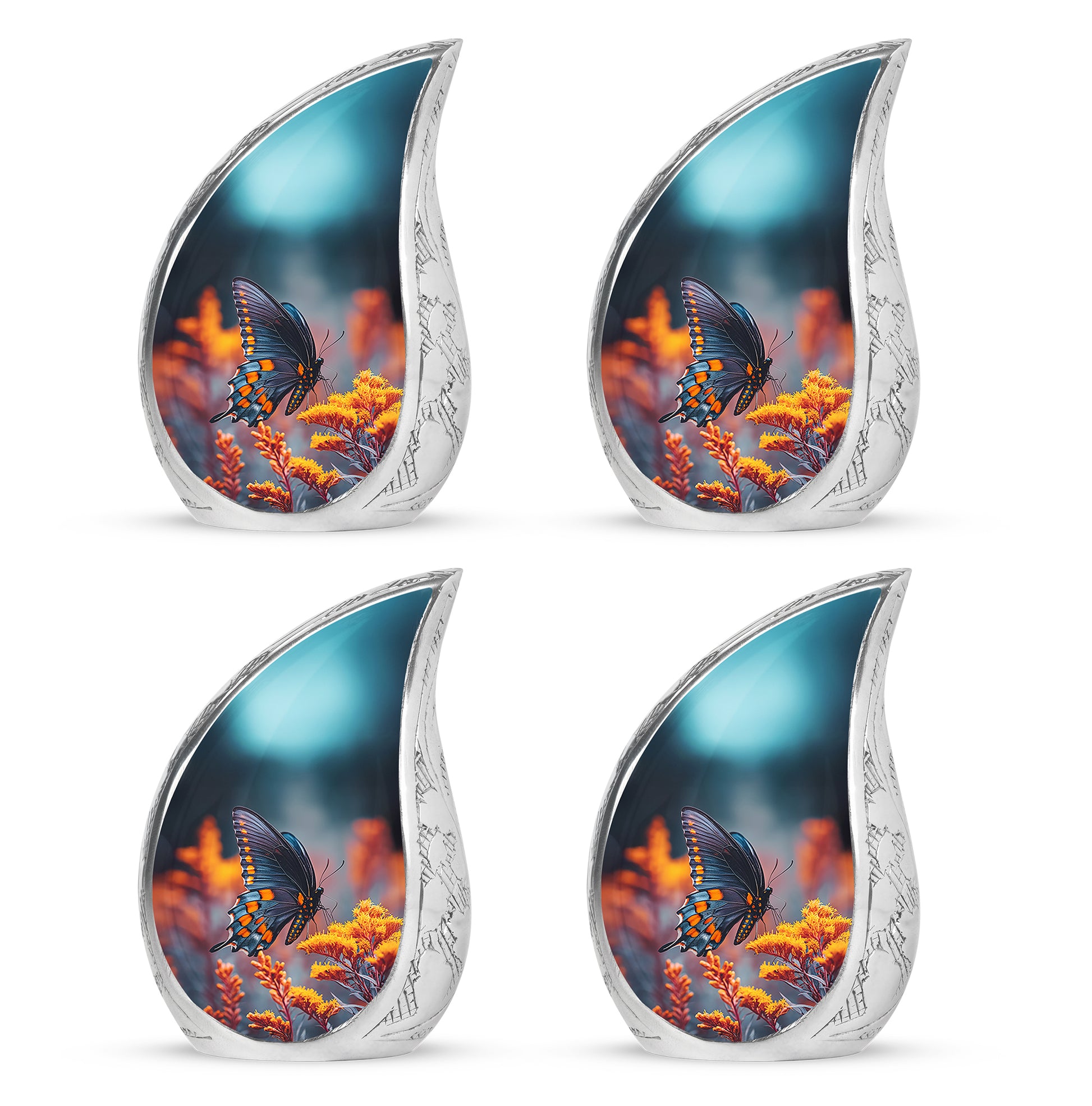 Calming Blue Butterfly Cremation Urn close-up of engraving and surface detail - smooth teardrop contour featuring butterfly art - 10 inch aluminum urn for cremated remains