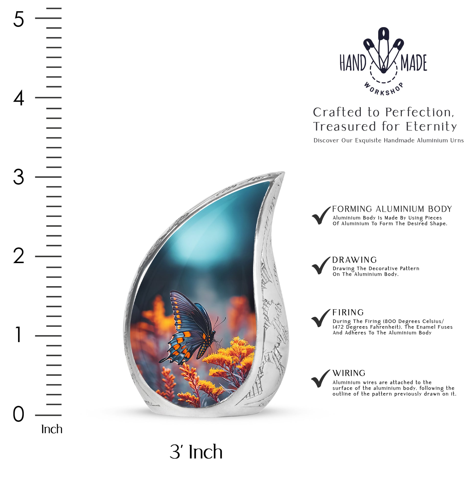 Indigo Butterfly Cremation Urn angled view of lid and engraved motif - flowing teardrop butterfly silhouette on curved aluminum - mini keepsake memorial for portion of cremation ashes