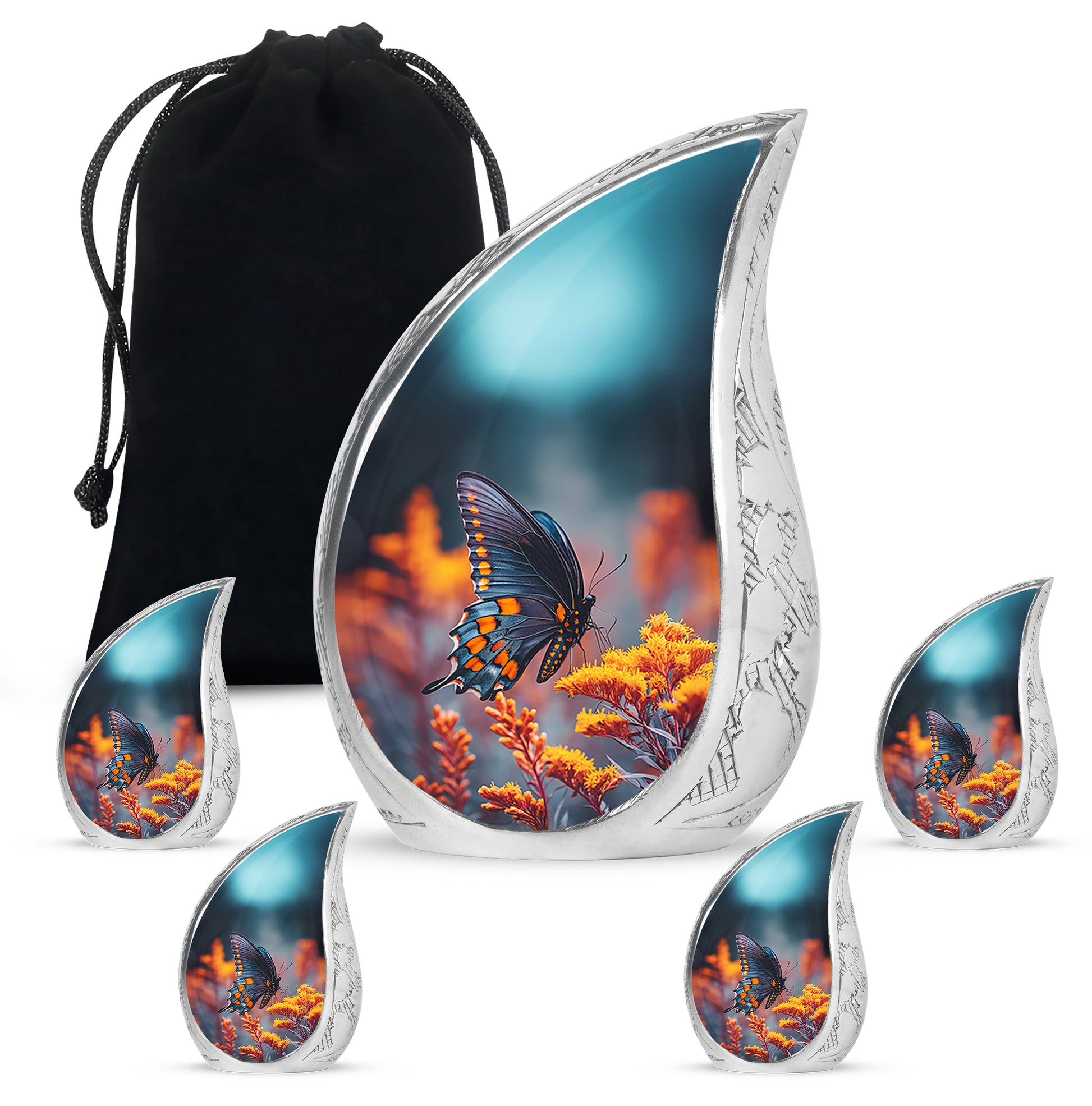 Misty Blue Butterfly Cremation Urn side profile showing urn shape - flowing teardrop butterfly silhouette on curved aluminum - memorial set with one large and four small urns