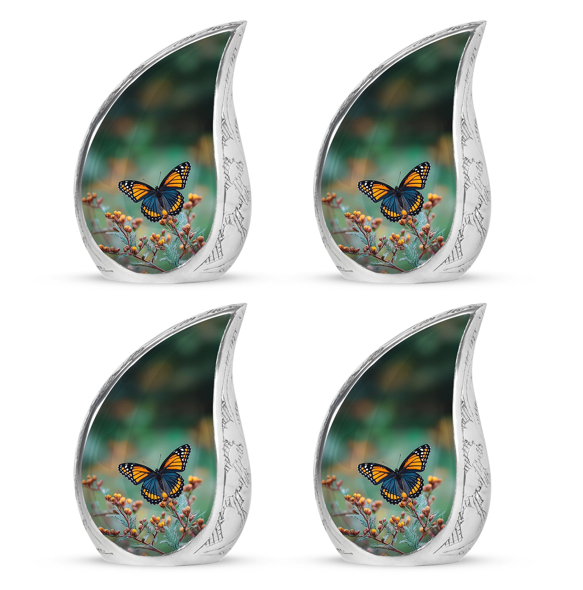 Jade Green Butterfly Cremation Urn close-up of engraving and surface detail - rounded teardrop butterfly design with delicate detail - 10 inch aluminum urn for cremated remains
