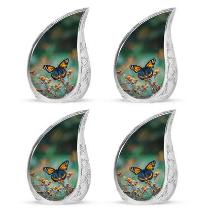 Jade Green Butterfly Cremation Urn close-up of engraving and surface detail - rounded teardrop butterfly design with delicate detail - 10 inch aluminum urn for cremated remains