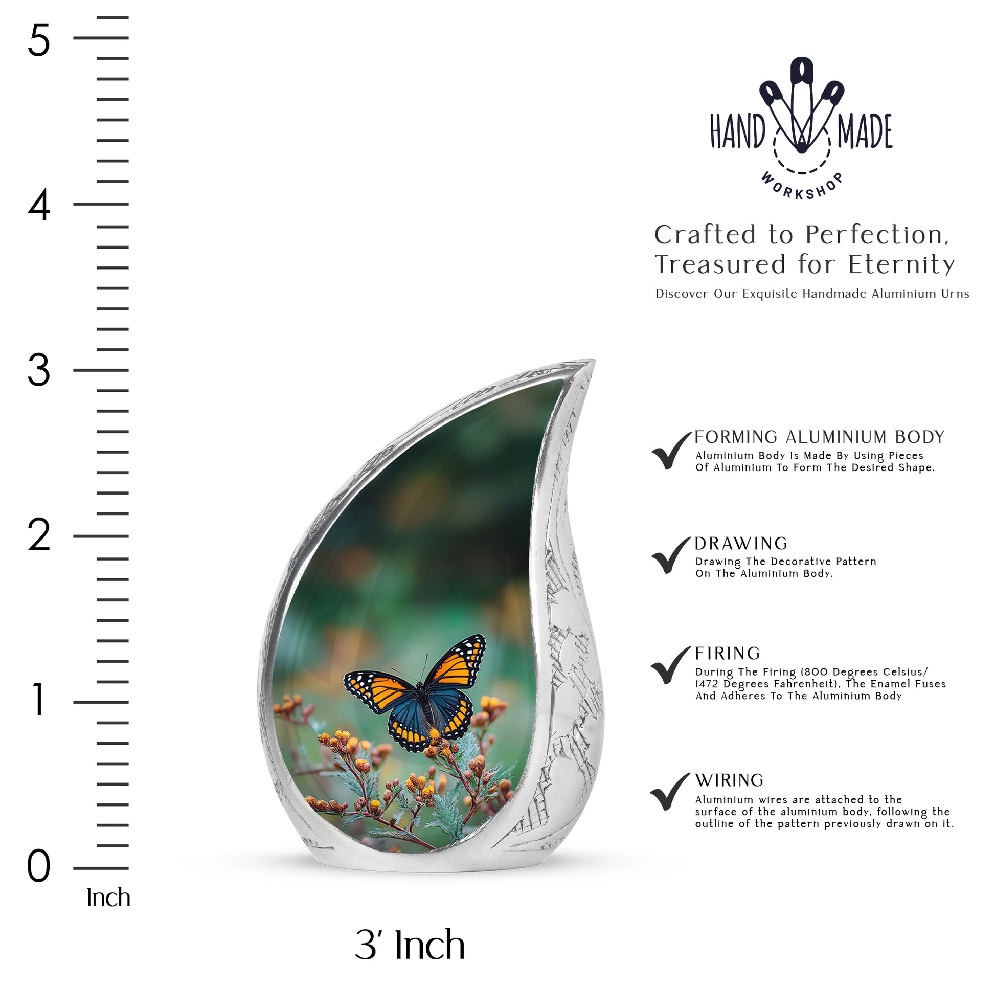 Mint Green Butterfly Cremation Urn angled view of lid and engraved motif - smooth teardrop contour featuring butterfly art - mini keepsake memorial for portion of cremation ashes