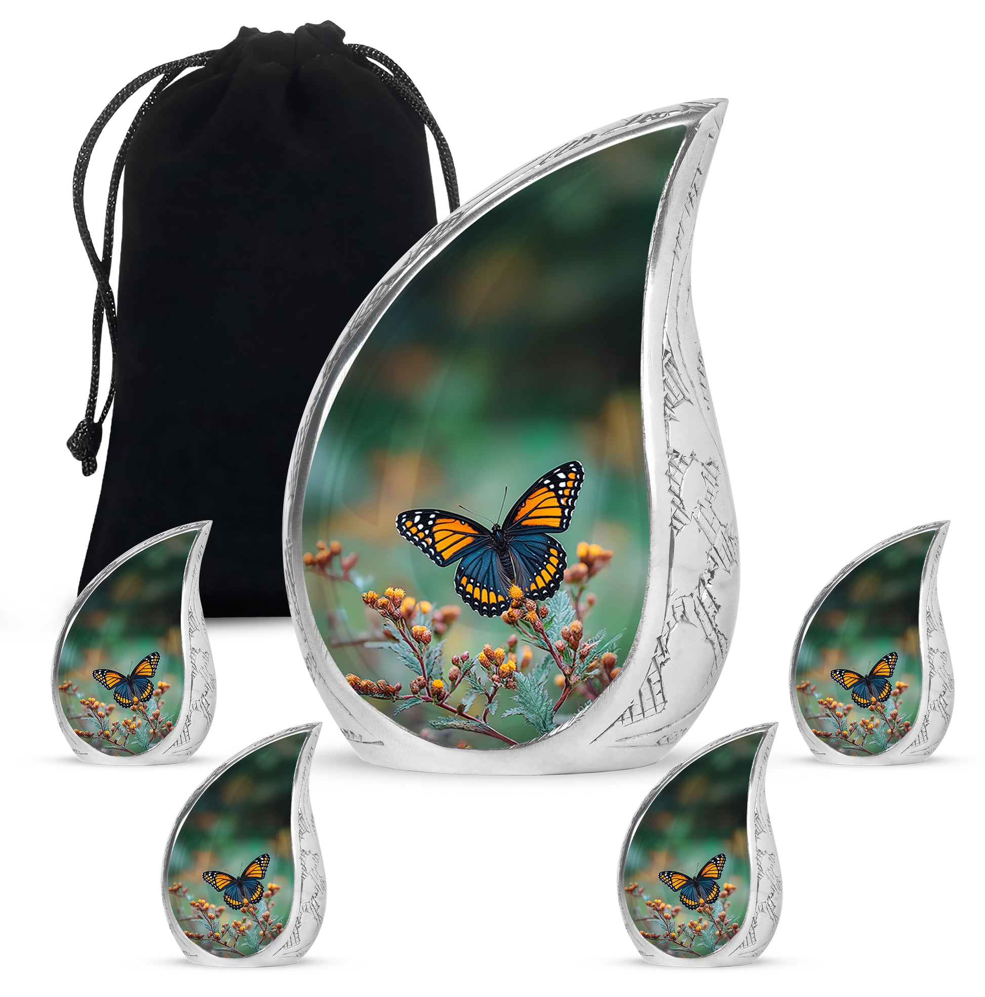 Pine Green Butterfly Cremation Urn side profile showing urn shape - graceful tear-shaped urn with butterfly motif - memorial set with one large and four small urns