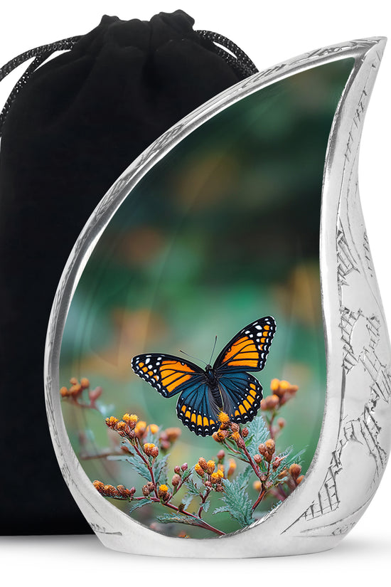 Pine Green Butterfly Cremation Urn front view showing detailed design - smooth teardrop contour featuring butterfly art - full-size 10 inch 200 cubic inch adult cremation urn