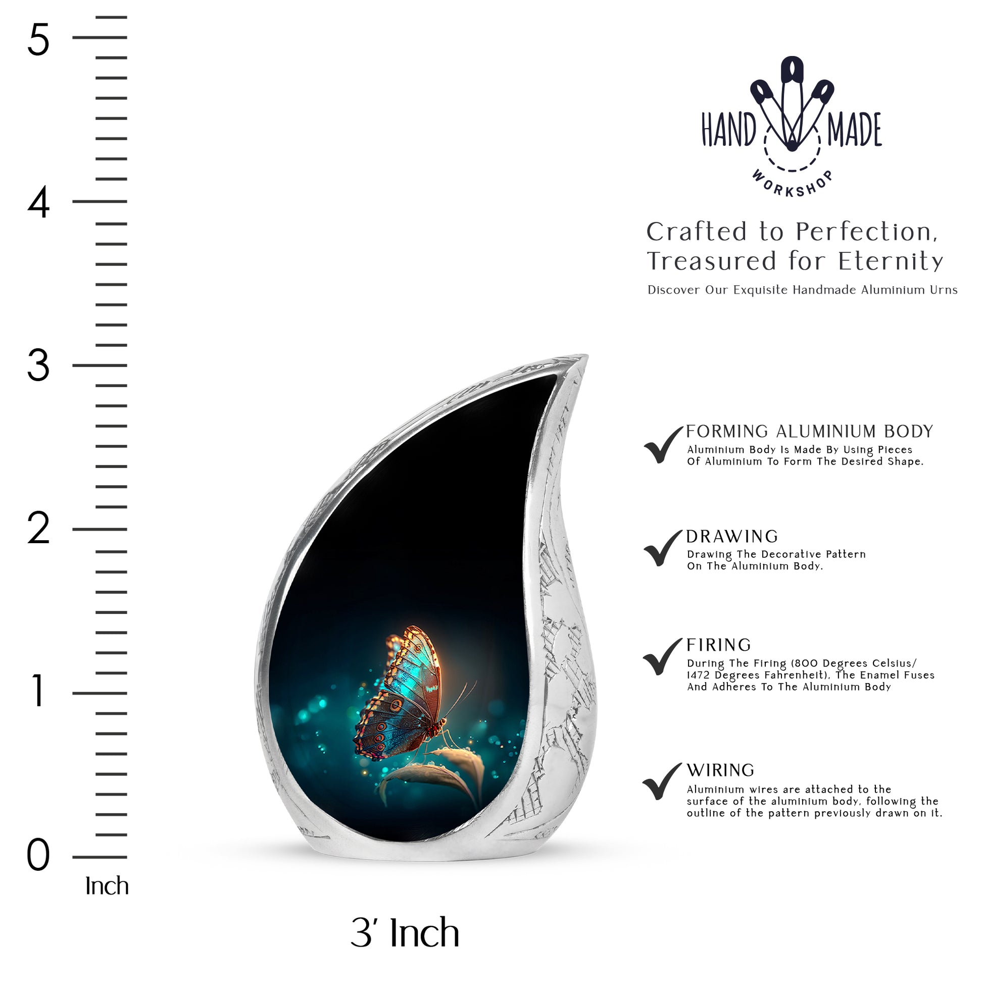 Ebony Butterfly Cremation Urn angled view of lid and engraved motif - flowing teardrop butterfly silhouette on curved aluminum - mini keepsake memorial for portion of cremation ashes