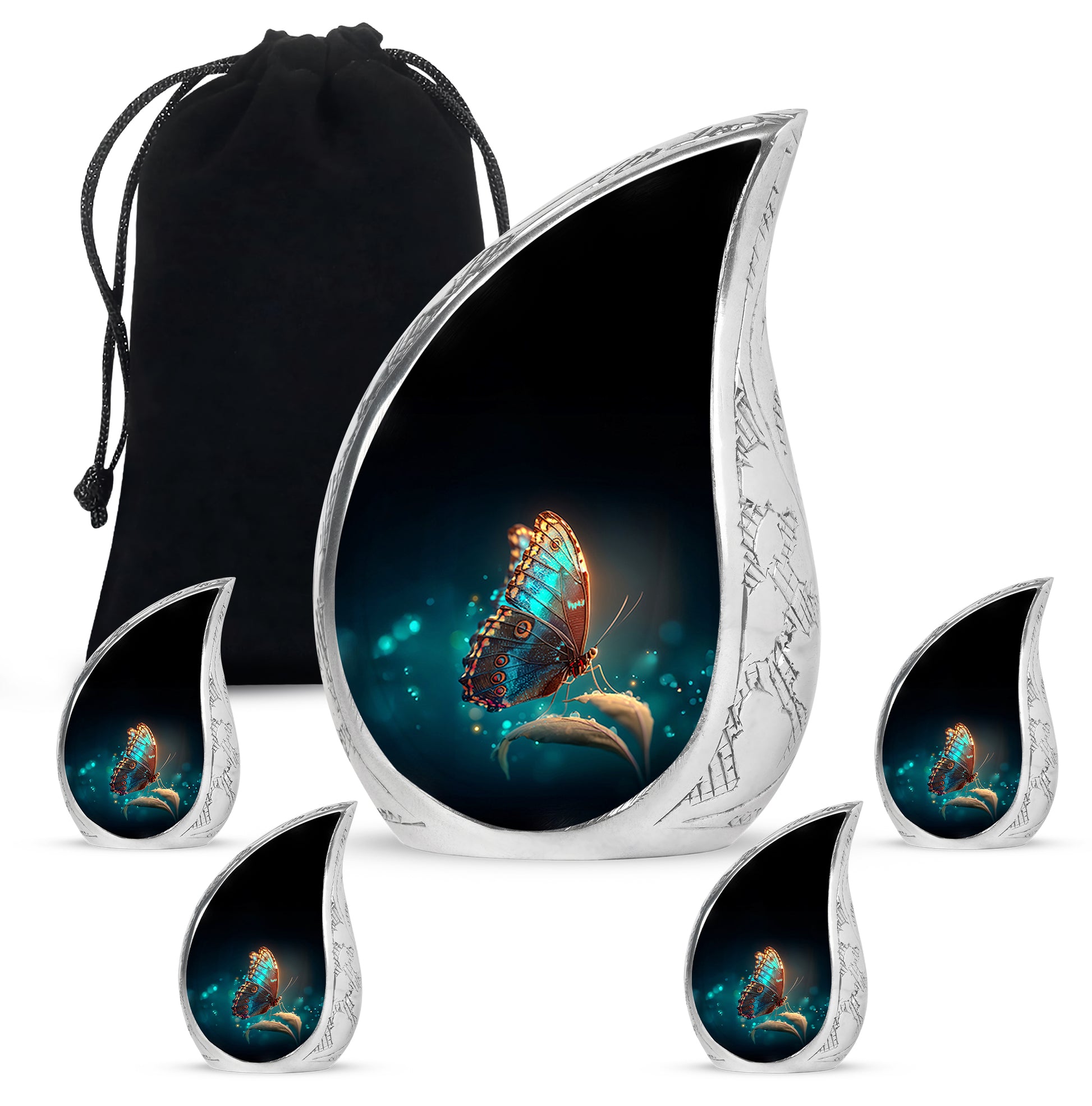 Jet Black Butterfly Cremation Urn side profile showing urn shape - flowing teardrop butterfly silhouette on curved aluminum - memorial set with one large and four small urns