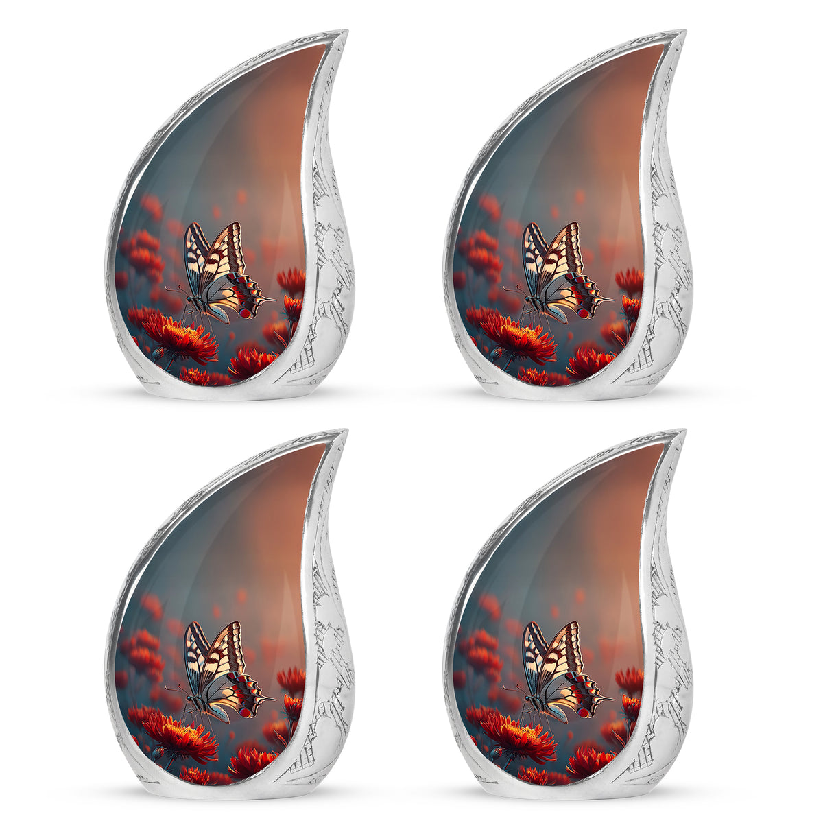 Vivid Blue Butterfly Cremation Urn close-up of engraving and surface detail - smooth teardrop contour featuring butterfly art - 10 inch aluminum urn for cremated remains