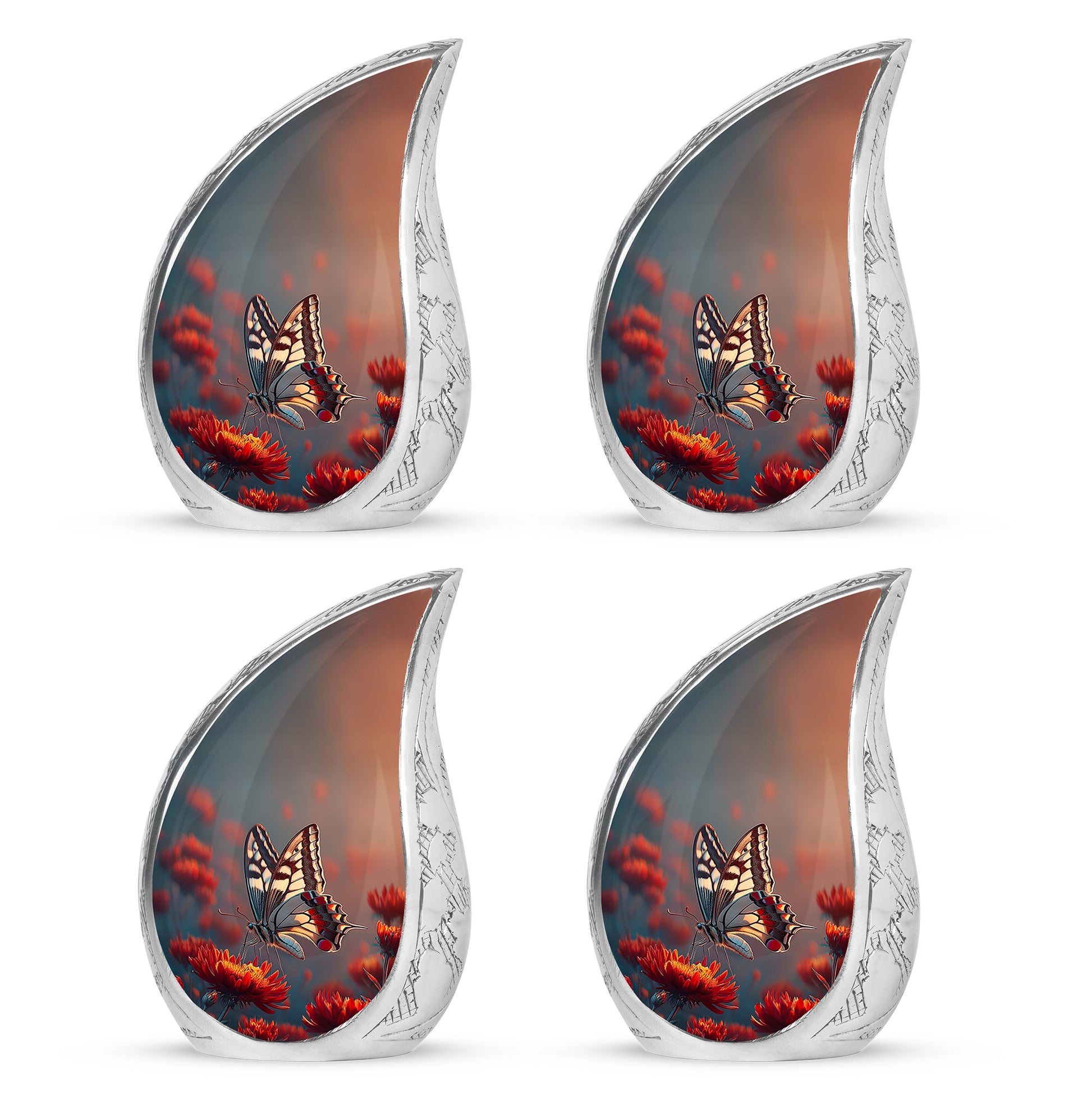 Vivid Blue Butterfly Cremation Urn close-up of engraving and surface detail - smooth teardrop contour featuring butterfly art - 10 inch aluminum urn for cremated remains
