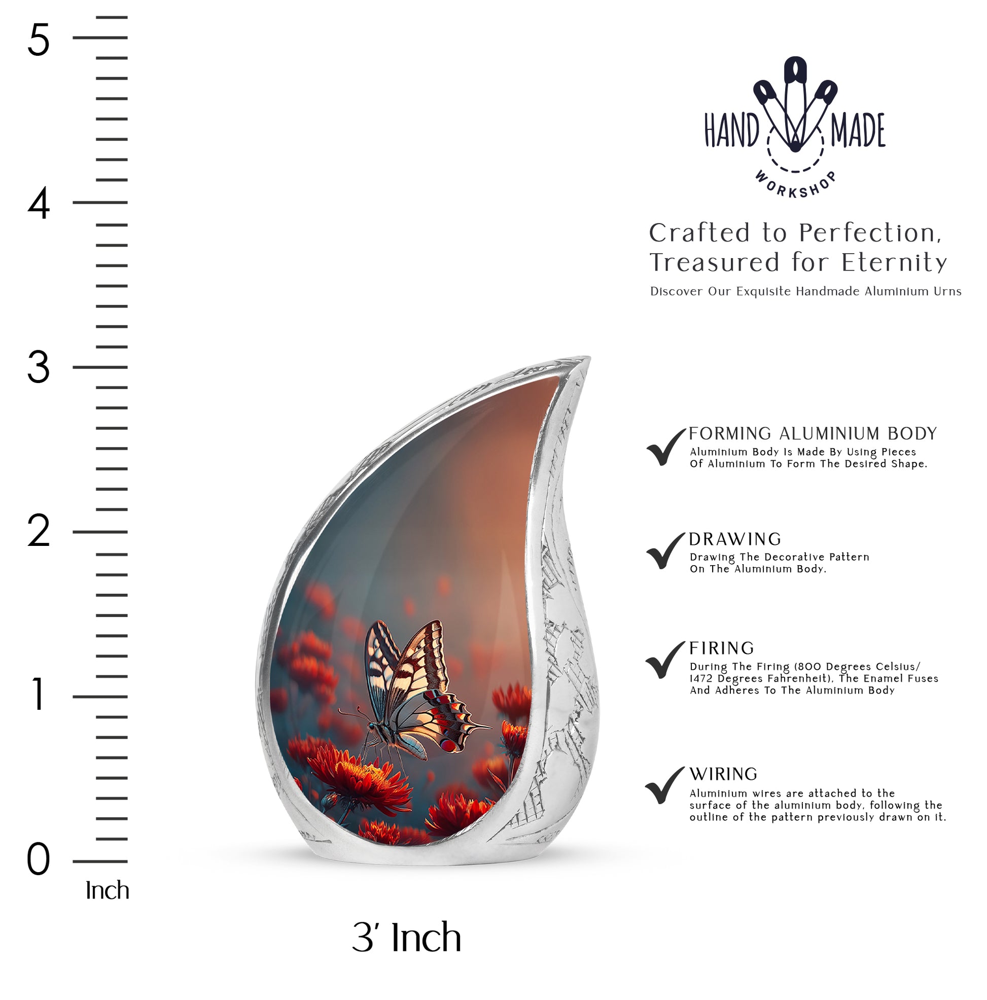 Celestial Blue Butterfly Cremation Urn angled view of lid and engraved motif - rounded teardrop butterfly design with delicate detail - mini keepsake memorial for portion of cremation ashes