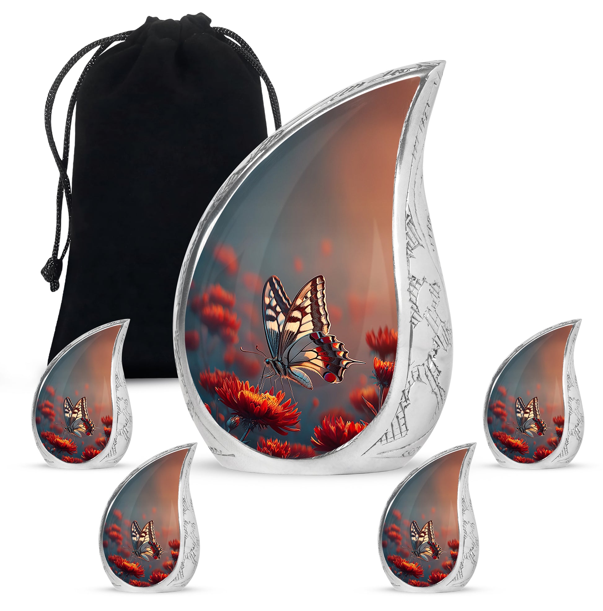 Azure Butterfly Cremation Urn side profile showing urn shape - flowing teardrop butterfly silhouette on curved aluminum - memorial set with one large and four small urns