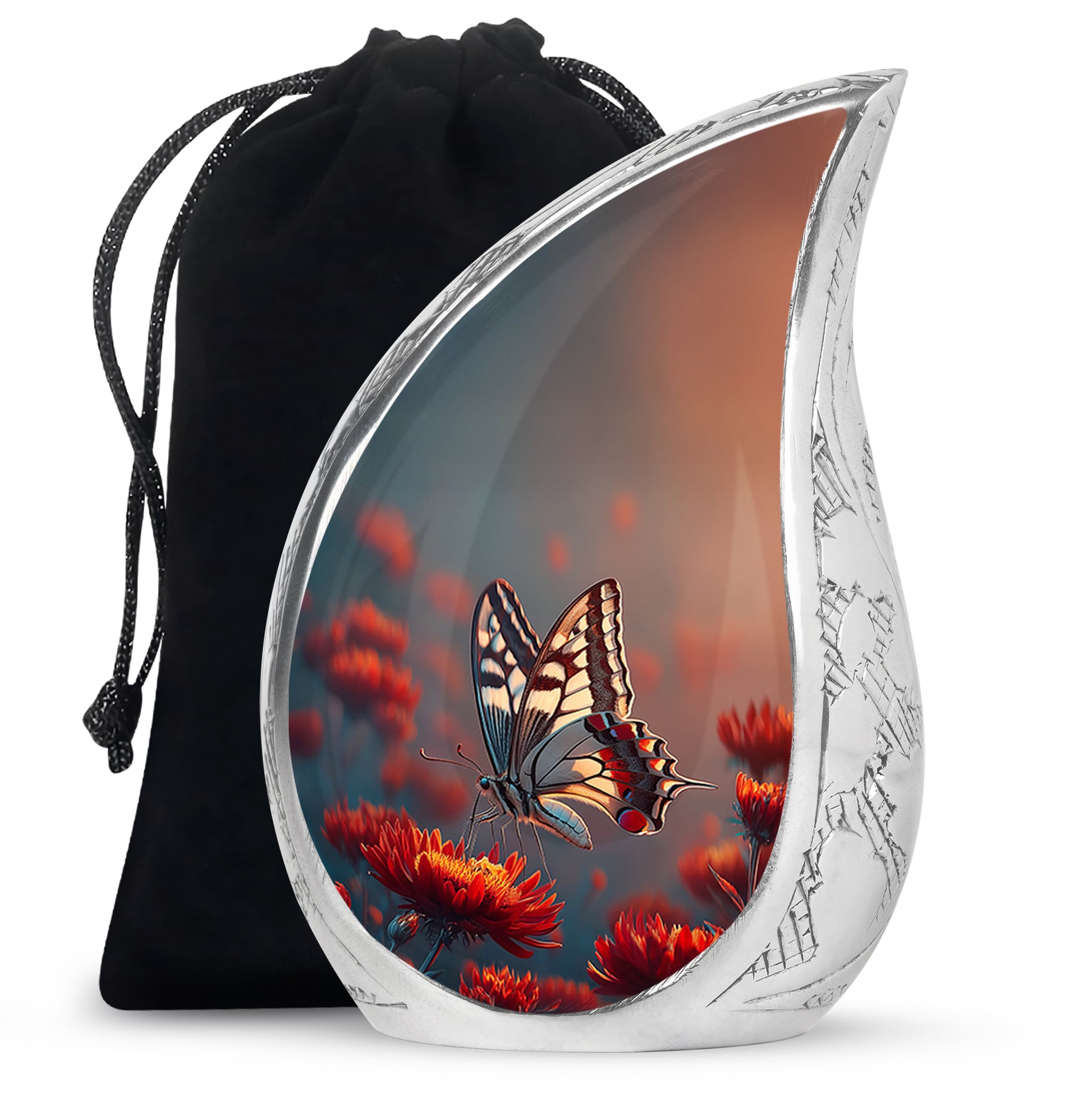 Sapphire Blue Butterfly Cremation Urn front view showing detailed design - graceful tear-shaped urn with butterfly motif - full-size 10 inch 200 cubic inch adult cremation urn
