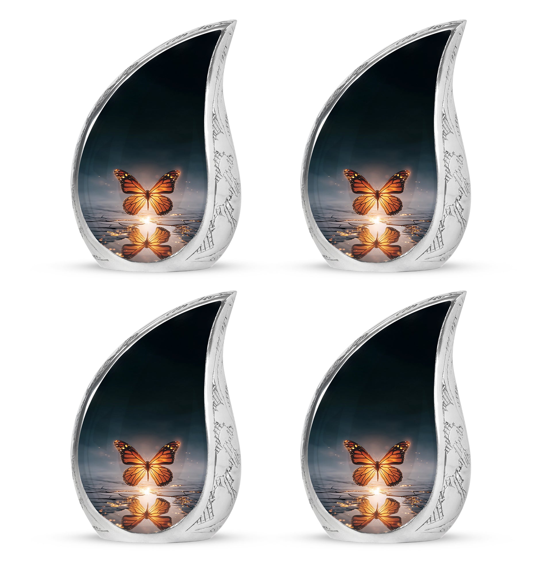 Azure Butterfly Cremation Urn close-up of engraving and surface detail - flowing teardrop butterfly silhouette on curved aluminum - 10 inch aluminum urn for cremated remains