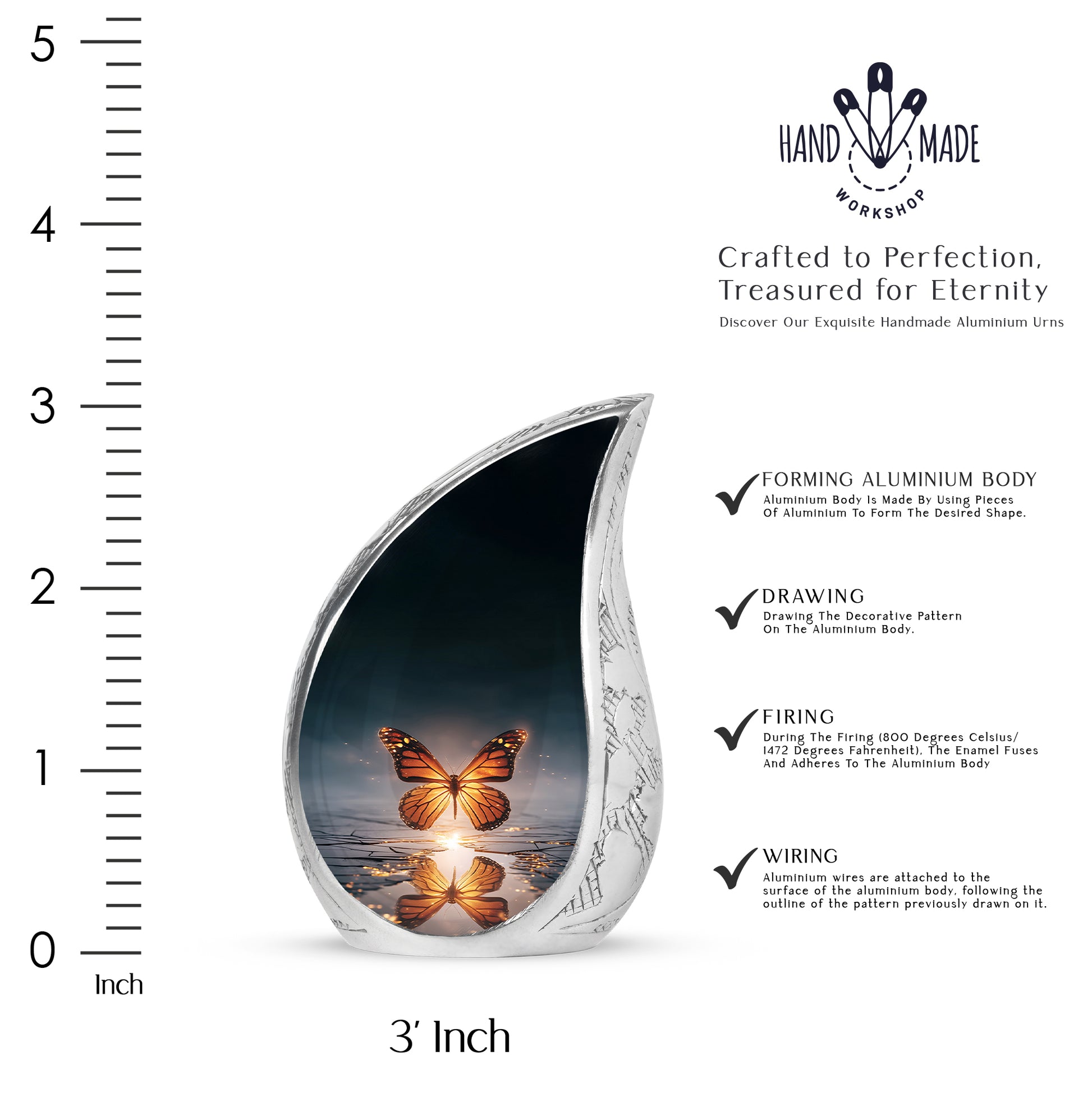 Dusty Blue Butterfly Cremation Urn angled view of lid and engraved motif - rounded teardrop butterfly design with delicate detail - mini keepsake memorial for portion of cremation ashes