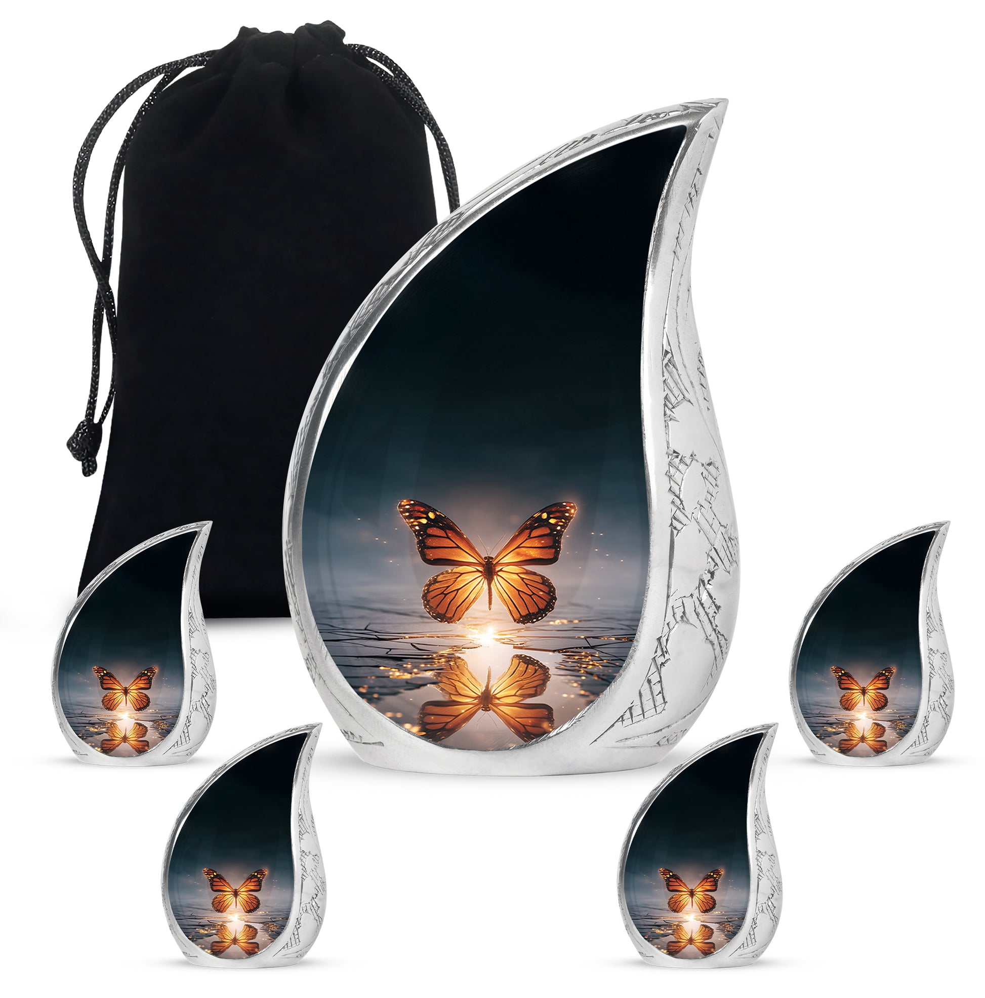 Royal Blue Butterfly Cremation Urn side profile showing urn shape - graceful tear-shaped urn with butterfly motif - memorial set with one large and four small urns