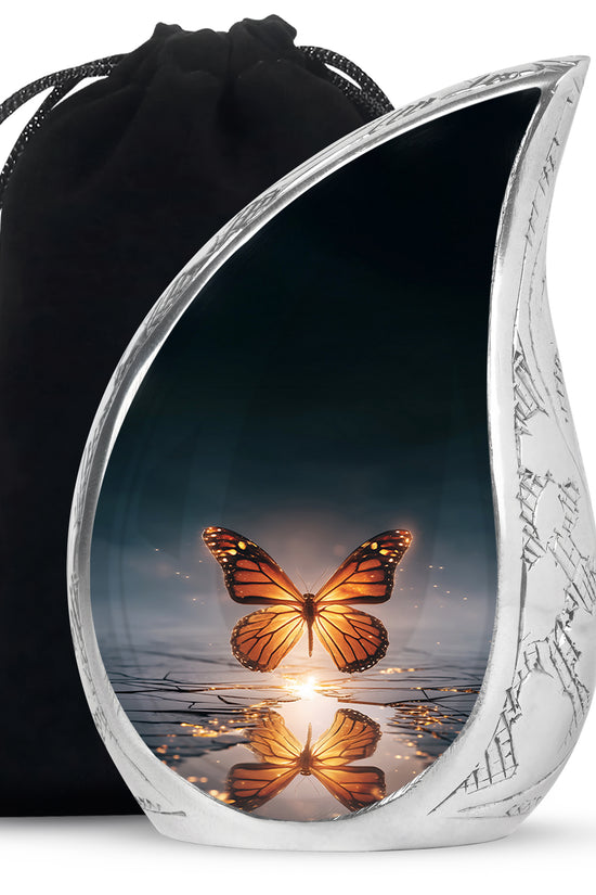 Sapphire Blue Butterfly Cremation Urn front view showing detailed design - smooth teardrop contour featuring butterfly art - full-size 10 inch 200 cubic inch adult cremation urn