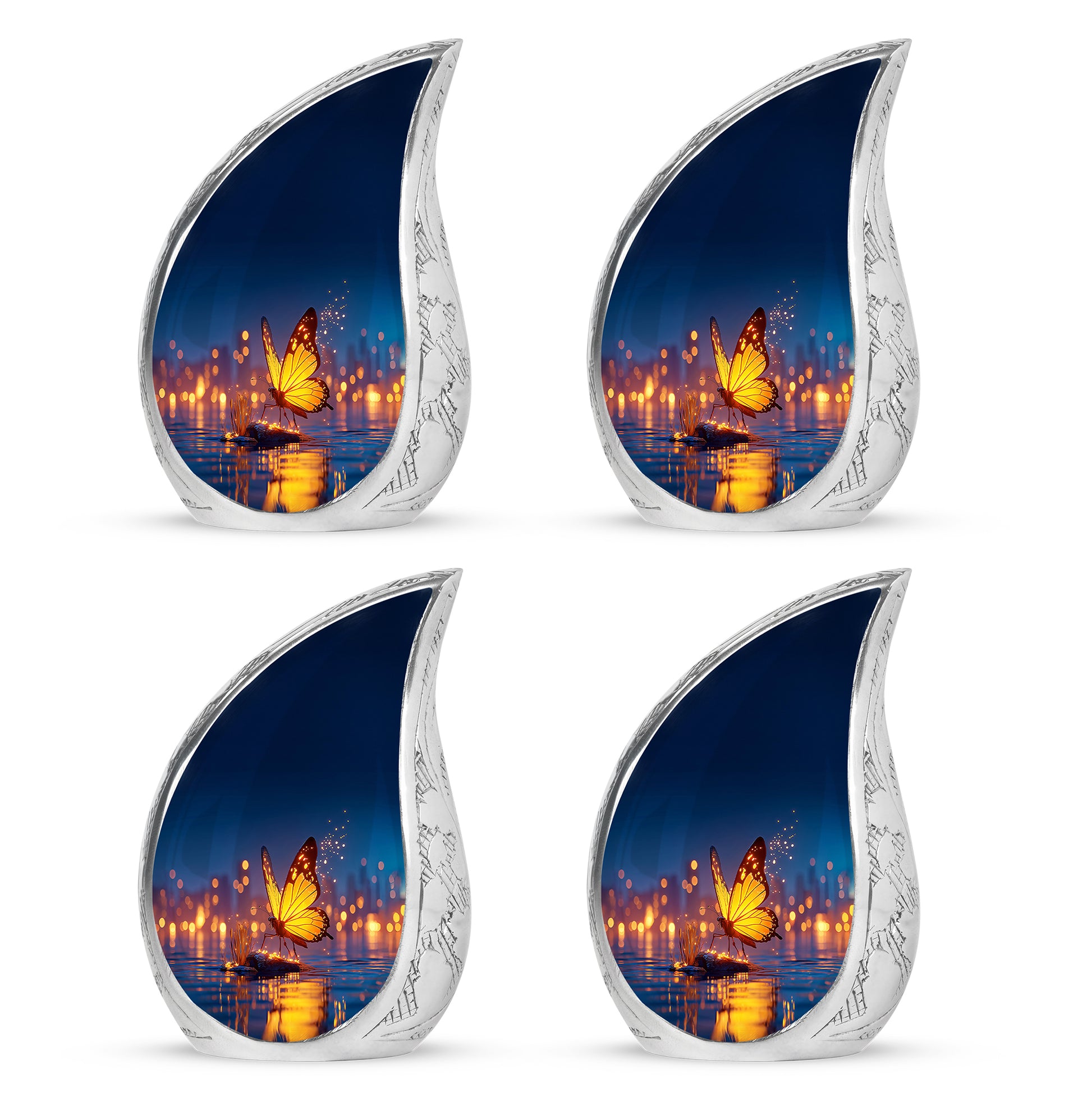 Celestial Blue Butterfly Cremation Urn close-up of engraving and surface detail - rounded teardrop butterfly design with delicate detail - 10 inch aluminum urn for cremated remains