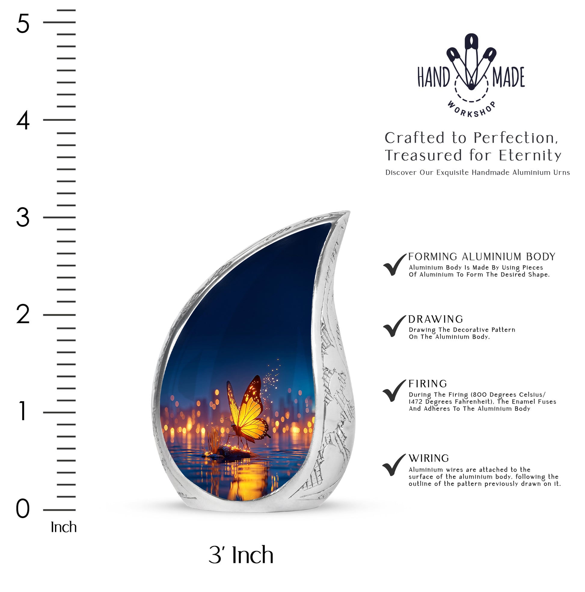 Calming Blue Butterfly Cremation Urn angled view of lid and engraved motif - smooth teardrop contour featuring butterfly art - mini keepsake memorial for portion of cremation ashes