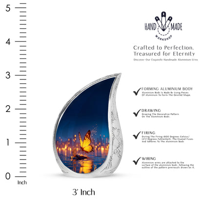 Calming Blue Butterfly Cremation Urn angled view of lid and engraved motif - smooth teardrop contour featuring butterfly art - mini keepsake memorial for portion of cremation ashes